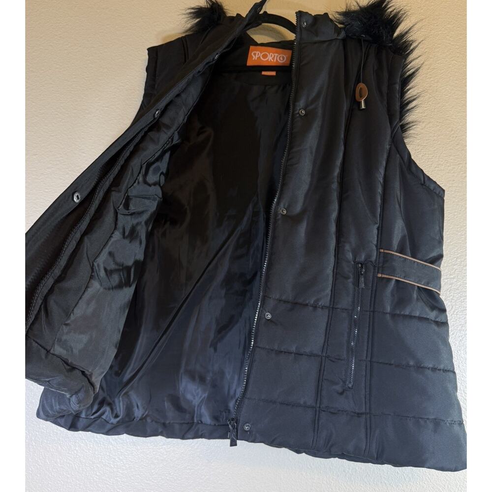 Sporto Women's Plus 3X Black Quilted Puffer Vest Faux Fur Trim Hooded - Picture 3 of 9